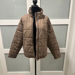 Roxy Quilted Puffer Jacket Brown Warm Mock Neck Full Zip Boxy Size Medium M